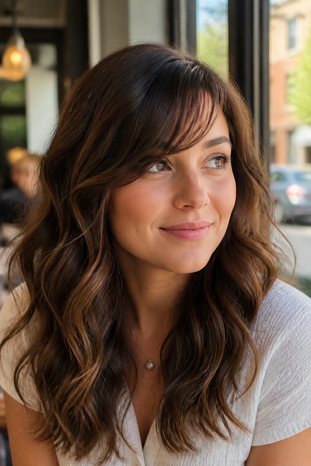 Portrait of a person with wavy side bangs by a sunny cafe window