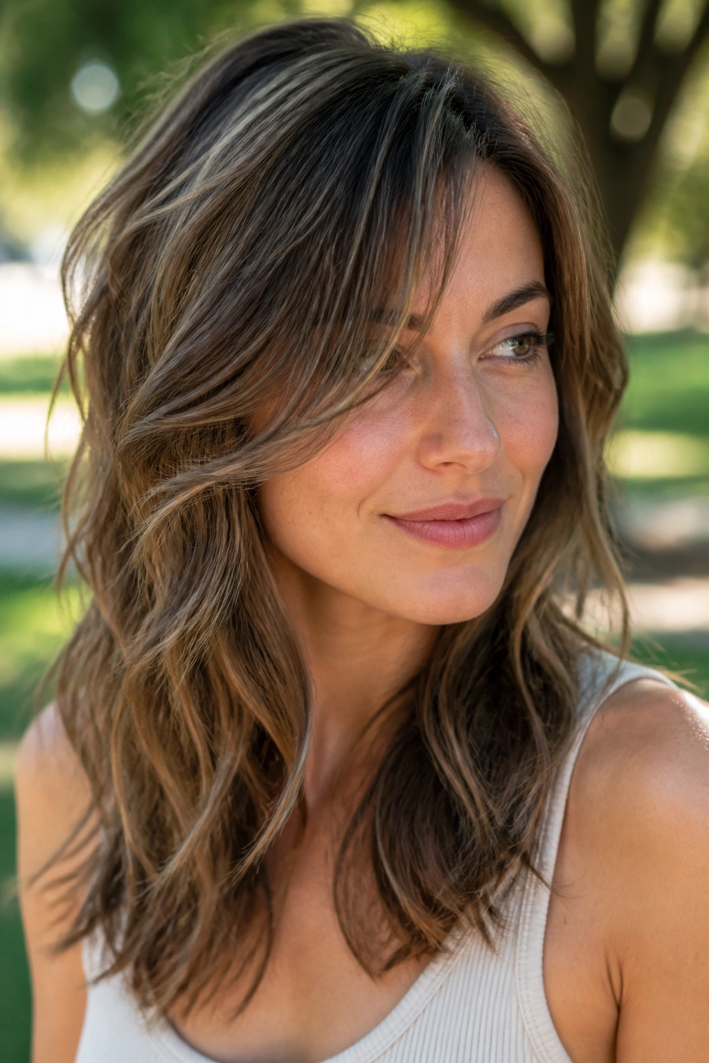 Portrait of a real woman with a wavy side-layered cut.