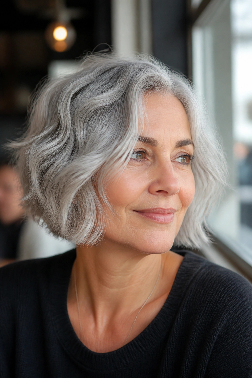 Close-up portrait of a real woman with a wavy silver bob and piecey ends