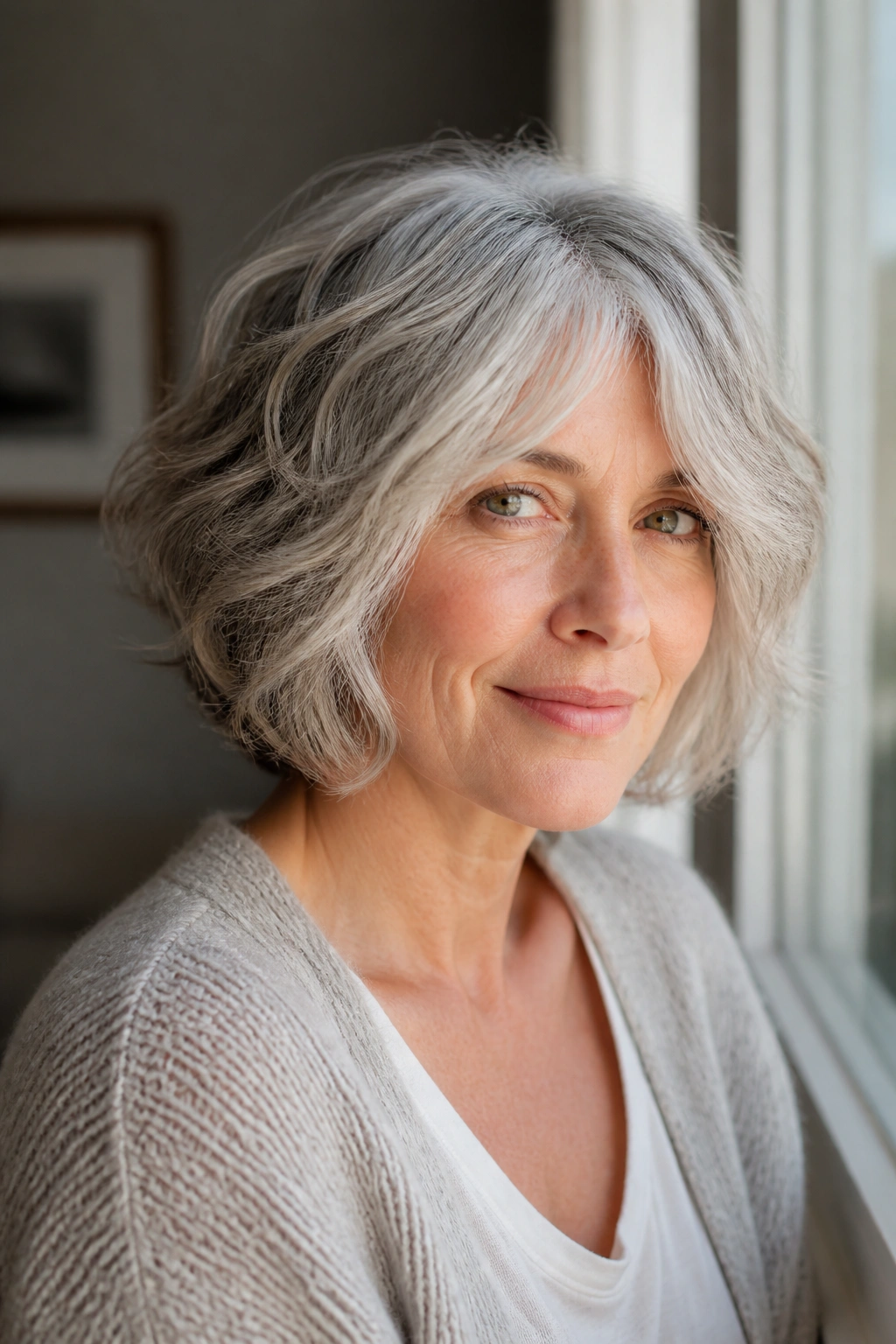 Close-up portrait of a real woman with a rounded wavy shag and split fringe in silver-gray hair