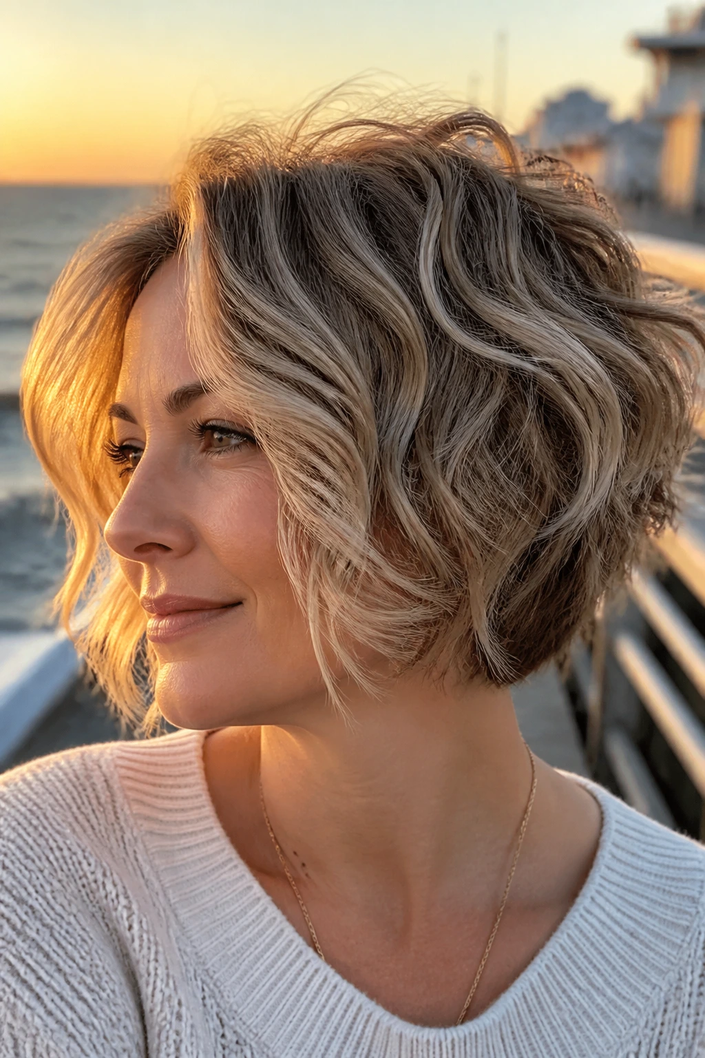 Portrait of a real woman with loose waves and a stacked back, fine hair.