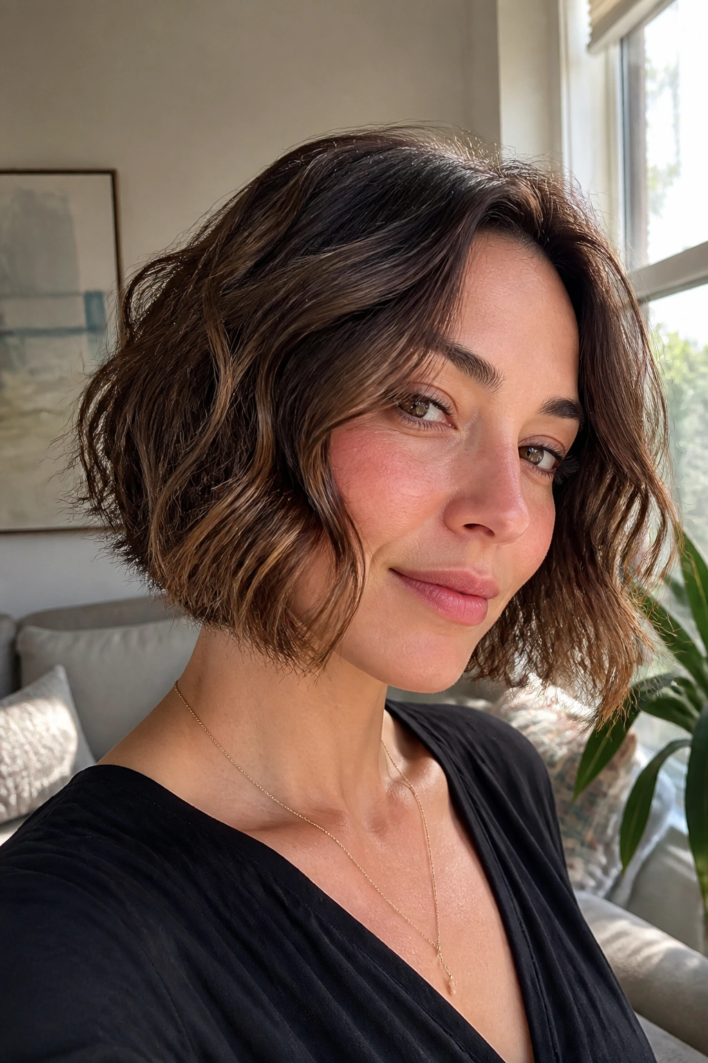 Portrait of real person with wavy stacked bob and air-dried bend in natural light