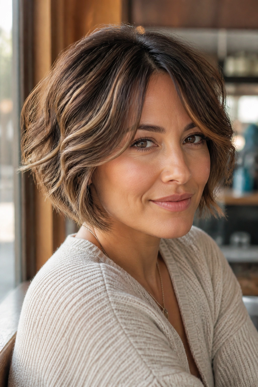 Portrait of a real woman with airy layered wavy stacked bob in a sunlit cafe