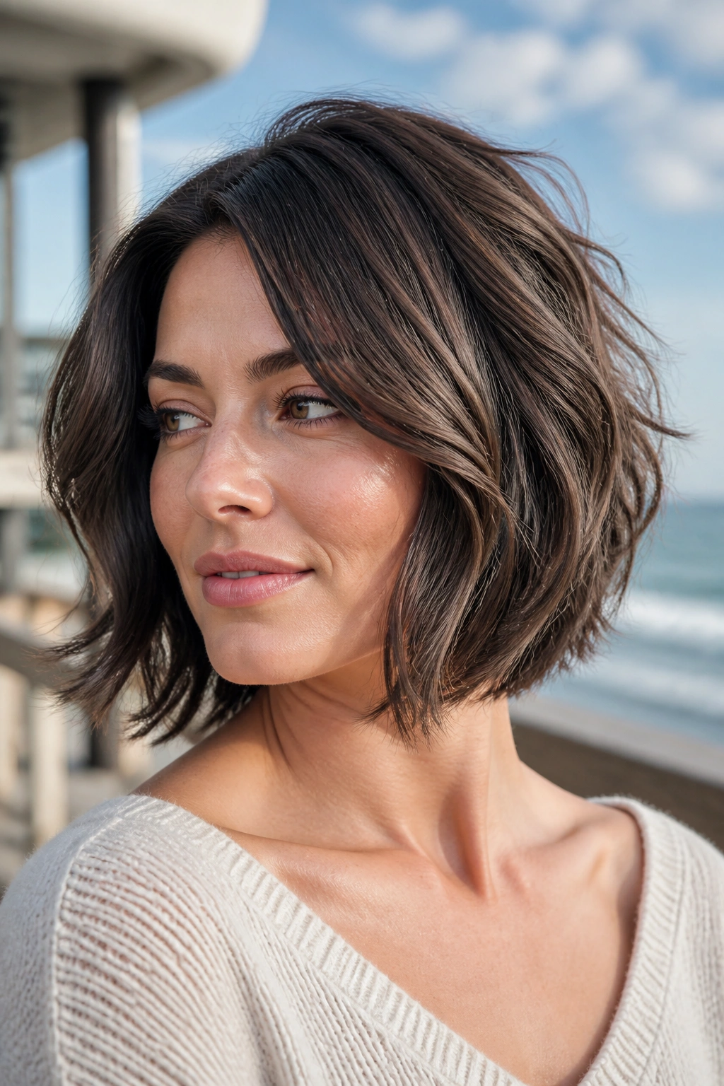 Real woman with a wavy stacked bob and beveled ends close portrait