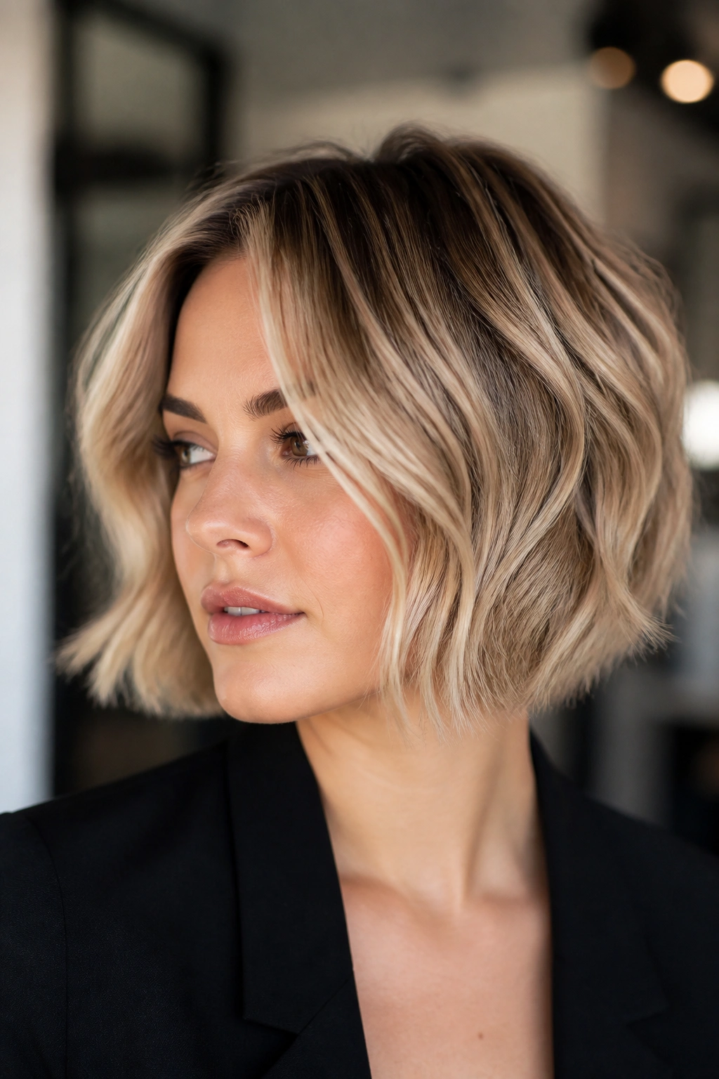 Real woman with a wavy stacked bob in cream-beige blonde shades