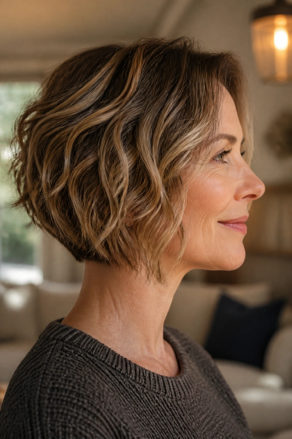Real woman with wavy stacked bob showing natural movement