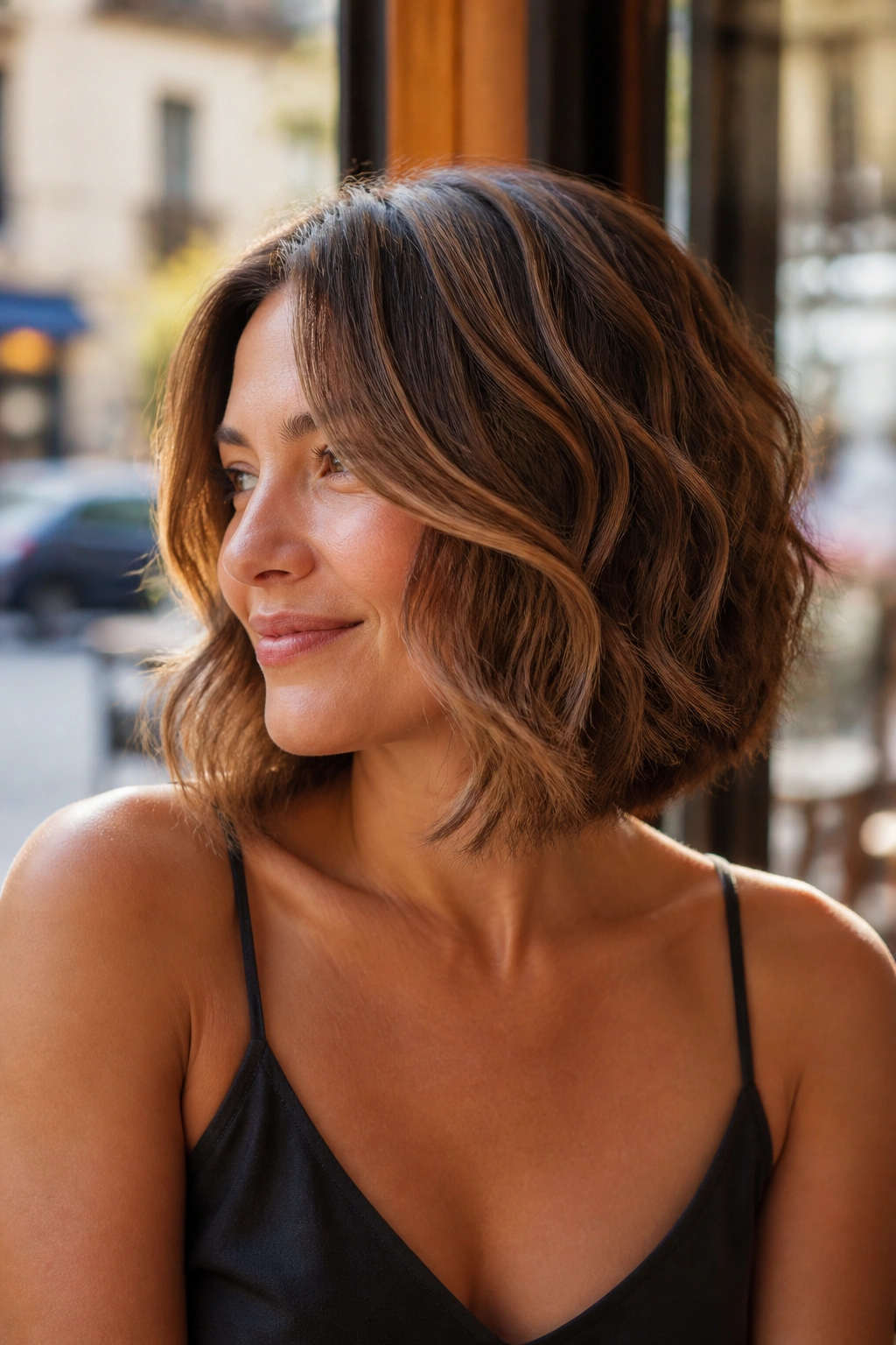 Real woman with wavy stacked lob in golden hour light at an outdoor cafe