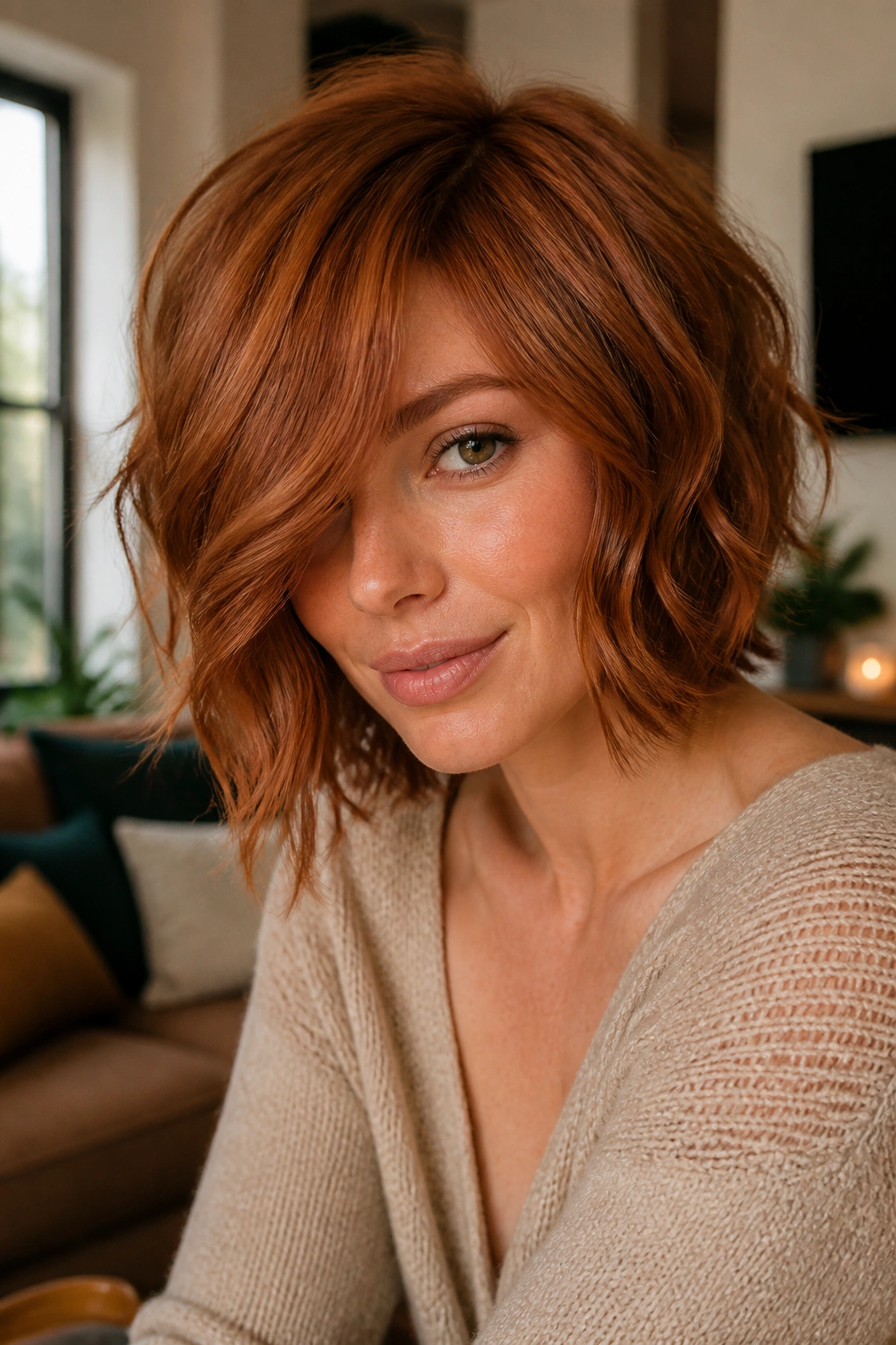Close-up of a real woman with wavy strawberry bob and long side fringe