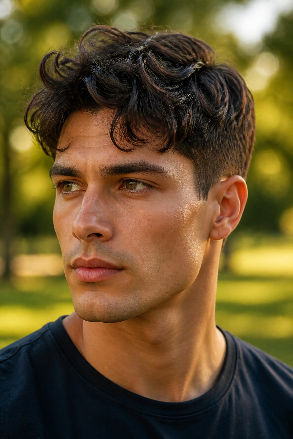 Close-up of a man with wavy tapered layered hair in a park setting.