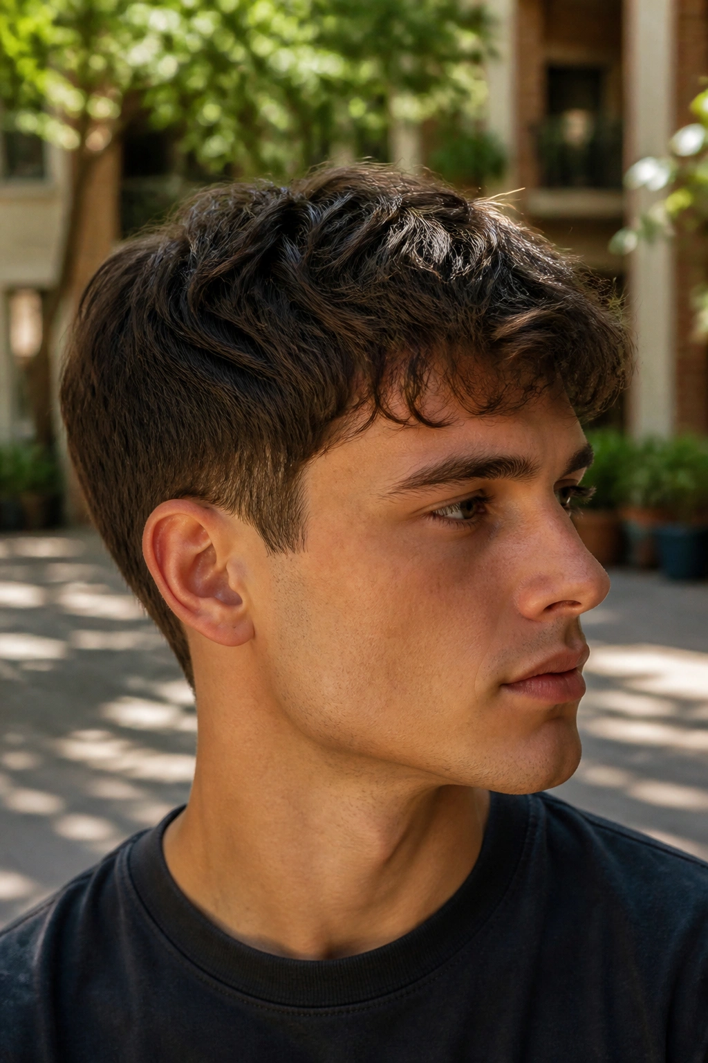 Close-up of a man with a wavy tapered pixie haircut outdoors.