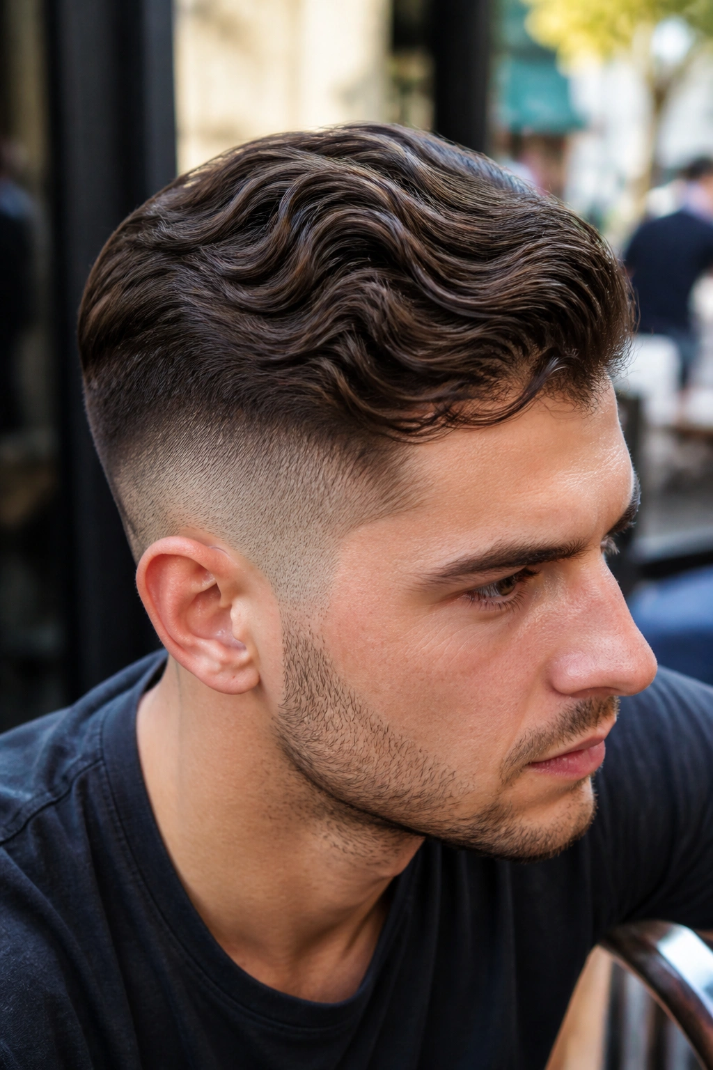Close-up portrait of a man with wavy undercut and visible waves