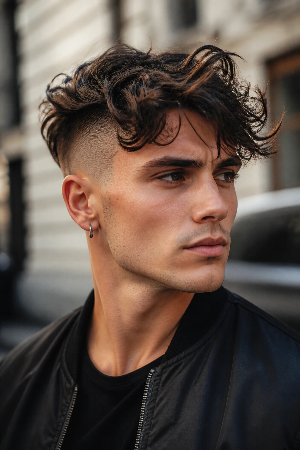 Close-up portrait of a real man with a wavy undercut and wind-blown hair.