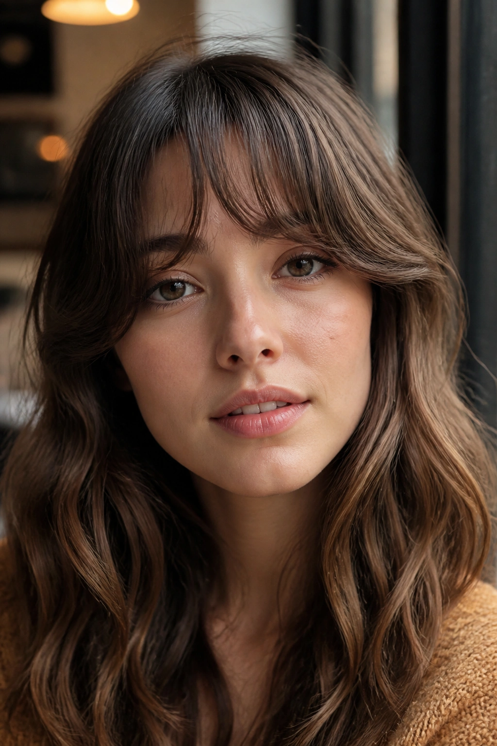 Real woman with soft bent wavy wispy bangs in natural light