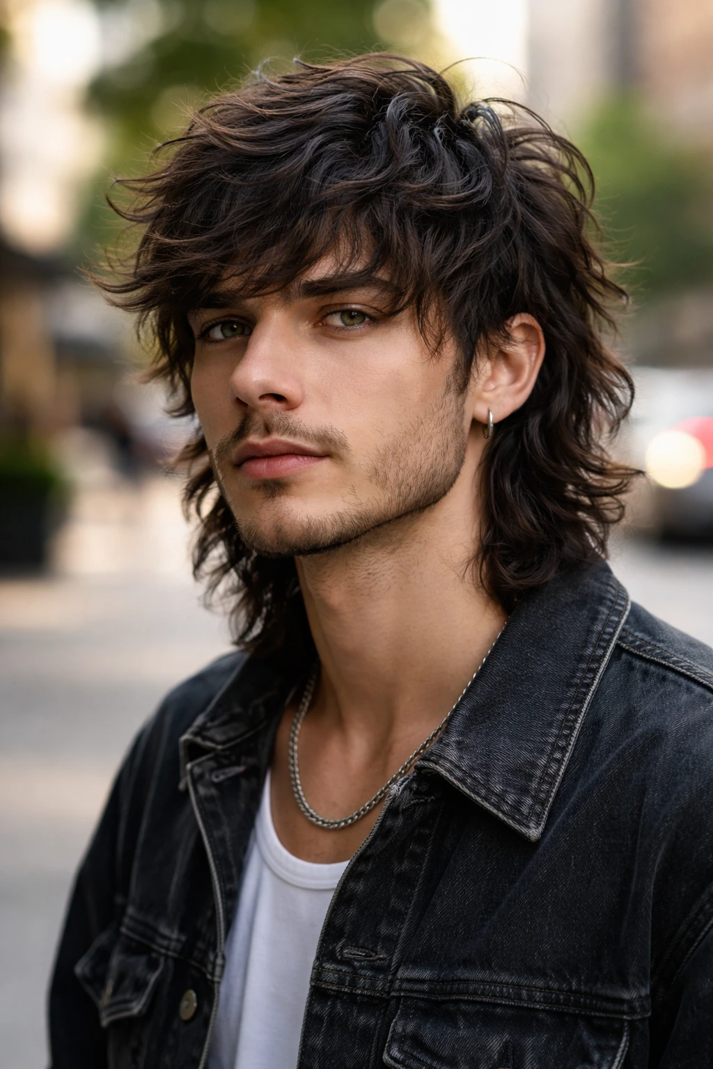 Portrait of man with wavy wolf cut, natural waves and layered shag