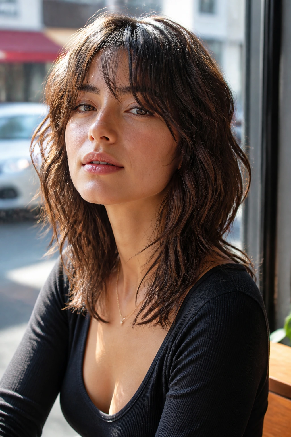Close-up of a real woman with wavy wolf cut and broken ends.