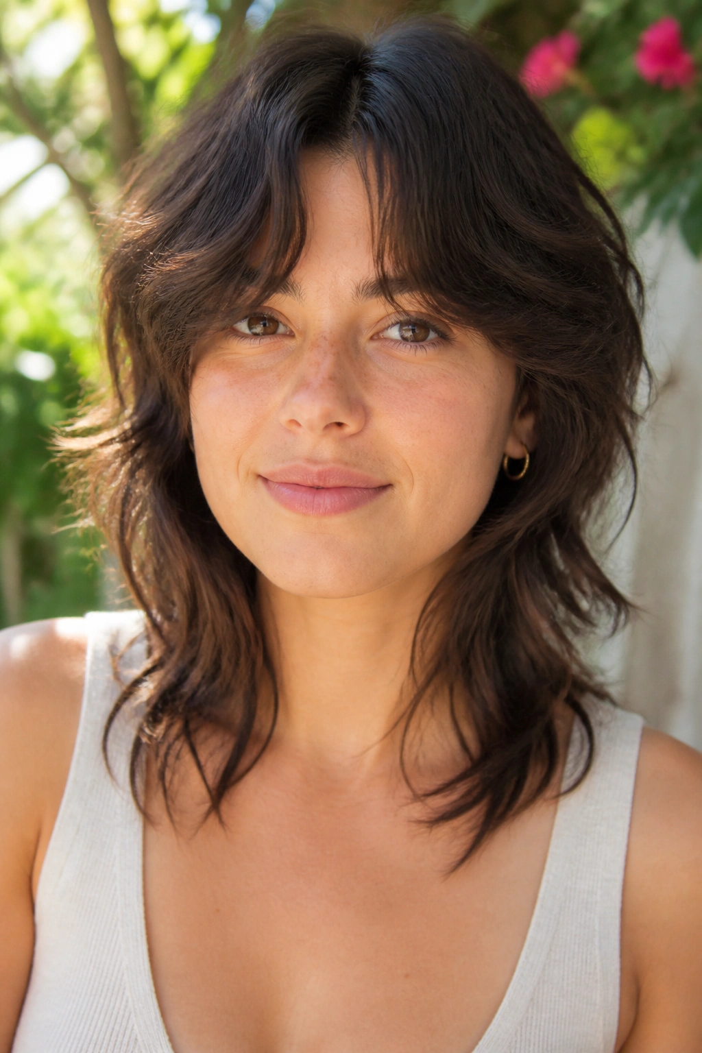 Real person with wavy wolf cut and chin-to-collarbone layers in sunlit garden