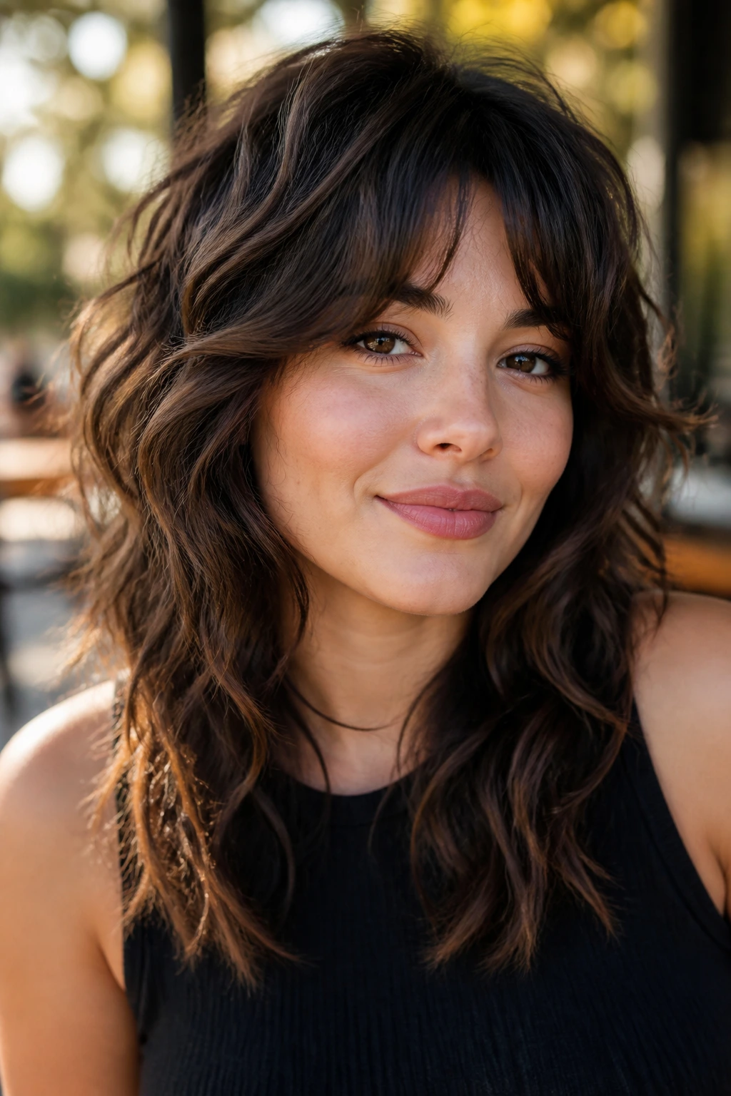 Close-up of a real woman with a wavy wolf cut and soft edges