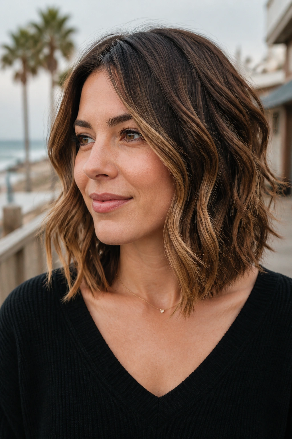 Portrait of a real woman with a wavy stacked lob at collarbone length against a beach boardwalk