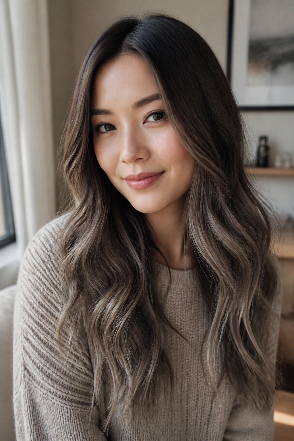 Portrait of a woman with wearable mushroom brown ash ombre hairstyle.