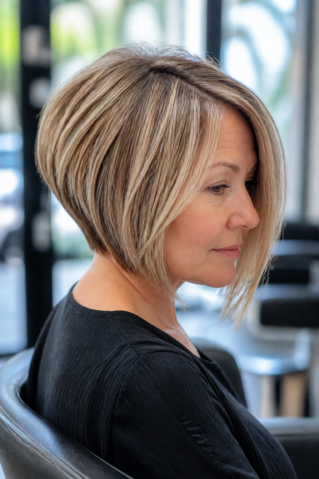 Real woman with wedge-inspired bob showing crown lift and asymmetry