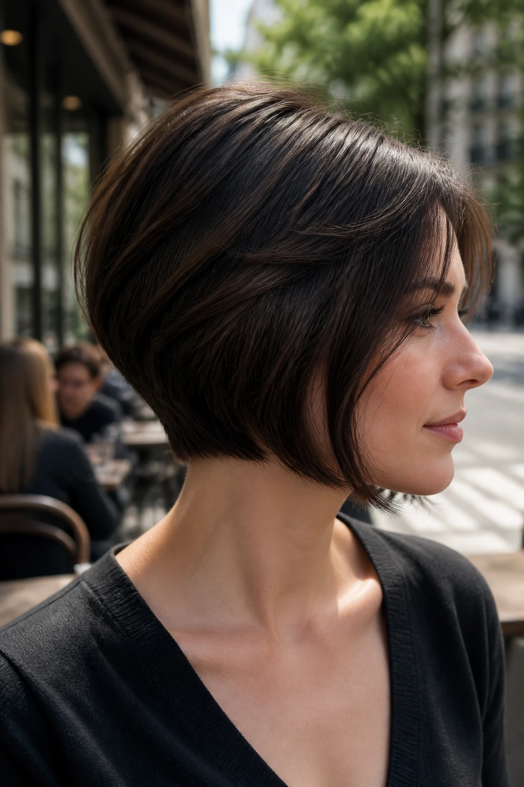 Brunette with wedge bob and modern balance.
