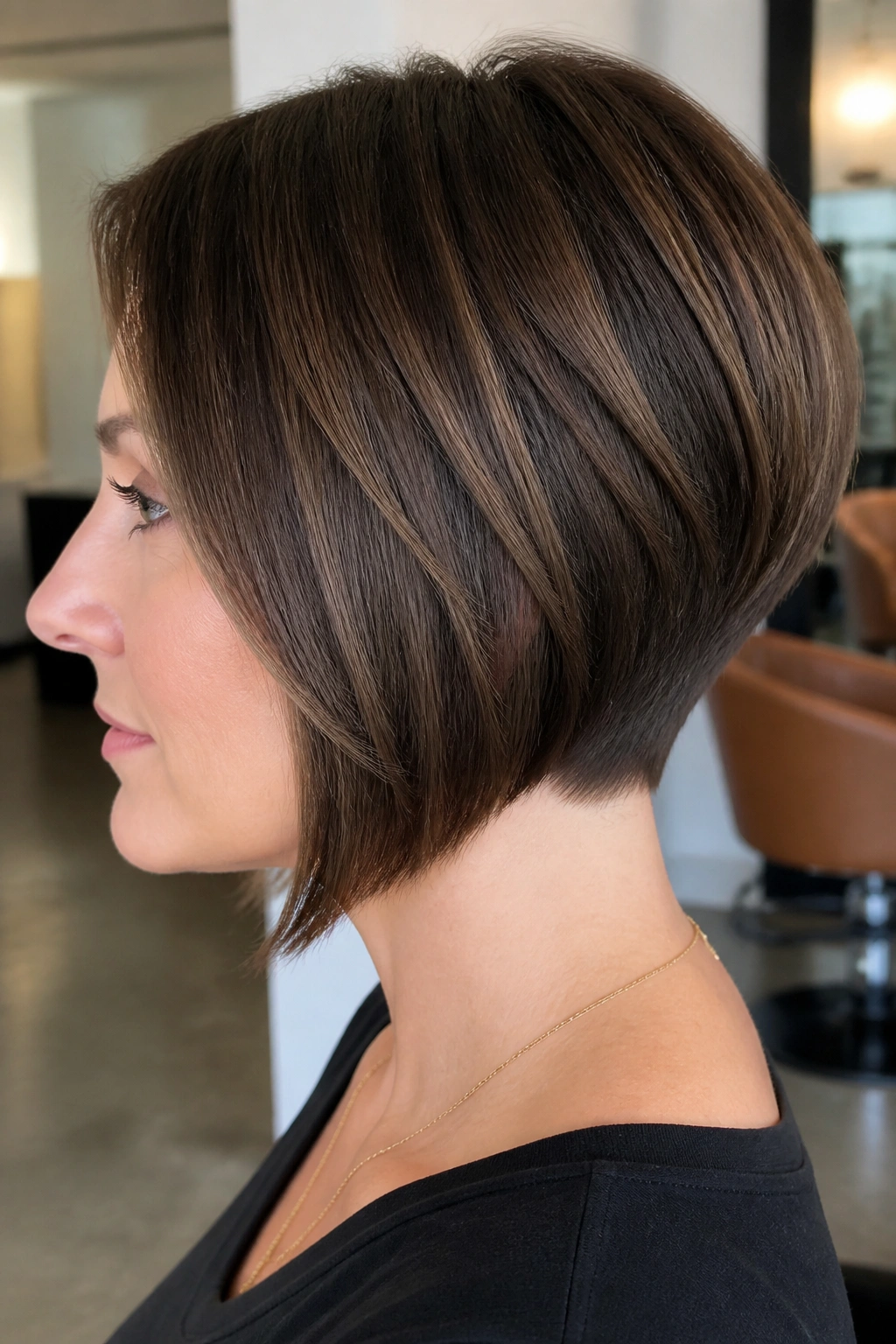 Close-up of a real woman in wedge bob with clean nape