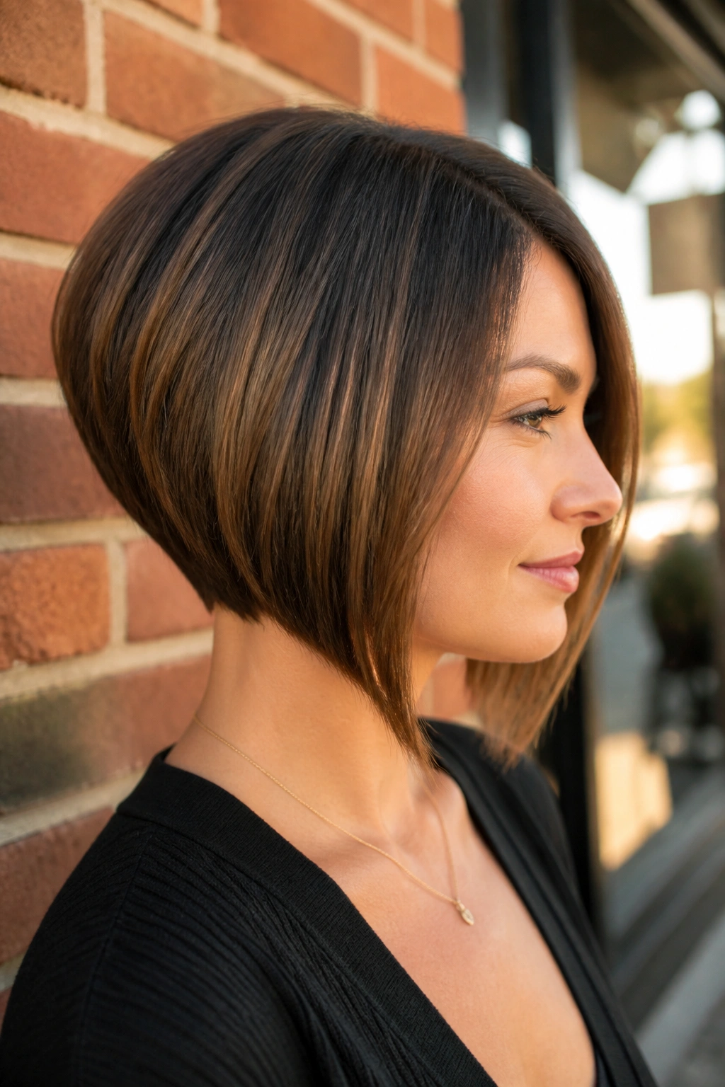 Close-up of a real woman with a wedge bob and angled back in golden hour light