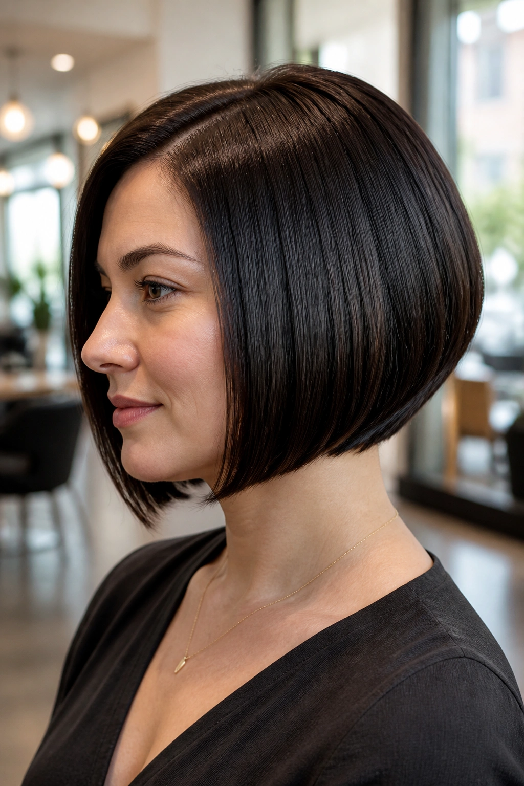 Close-up portrait of a real woman with a wedge bob and a sleek finish