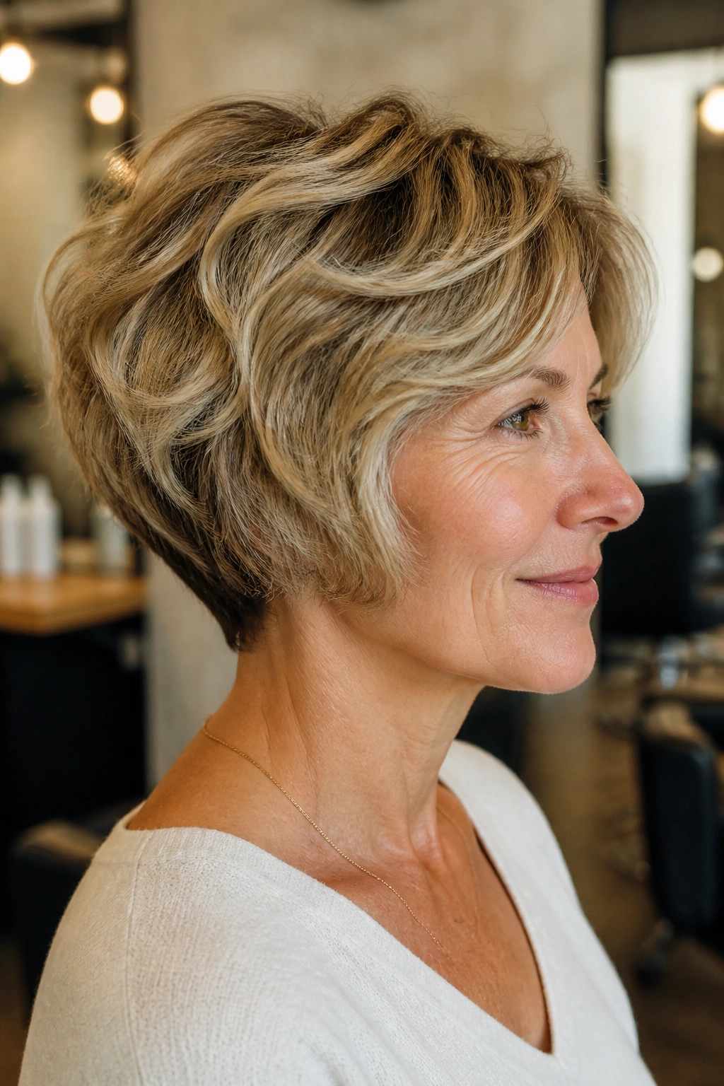 Medium close-up portrait of a real woman with a wedge bob and soft layers