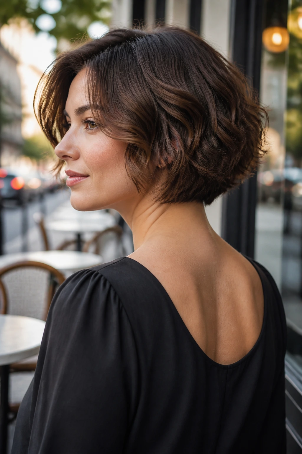 Woman with wedge bob showing soft neckline in daylight at cafe.