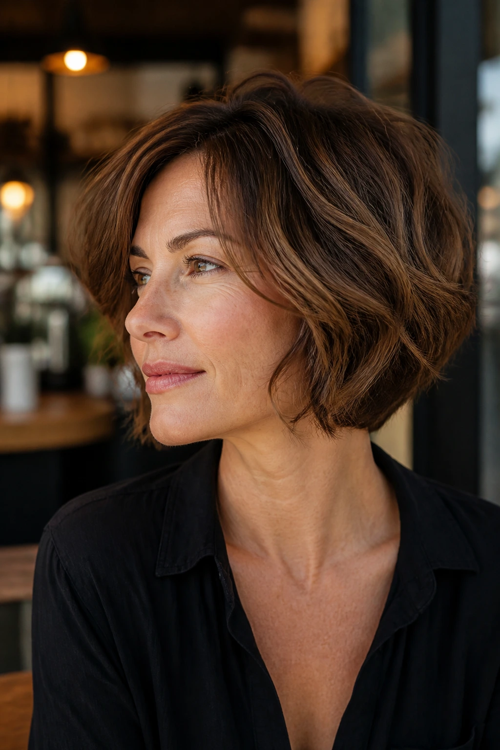 Close-up of a real woman with wedge bob and soft texture on thick waves