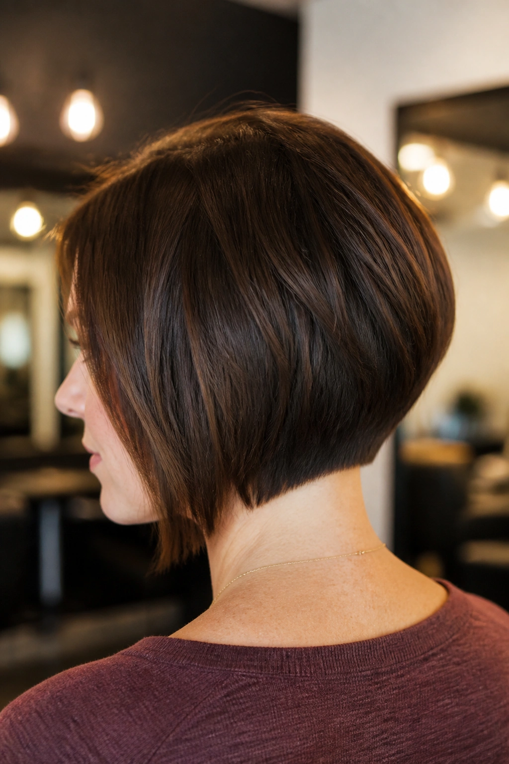 Close-up of a real woman with wedge bob and subtle graduation in brunette