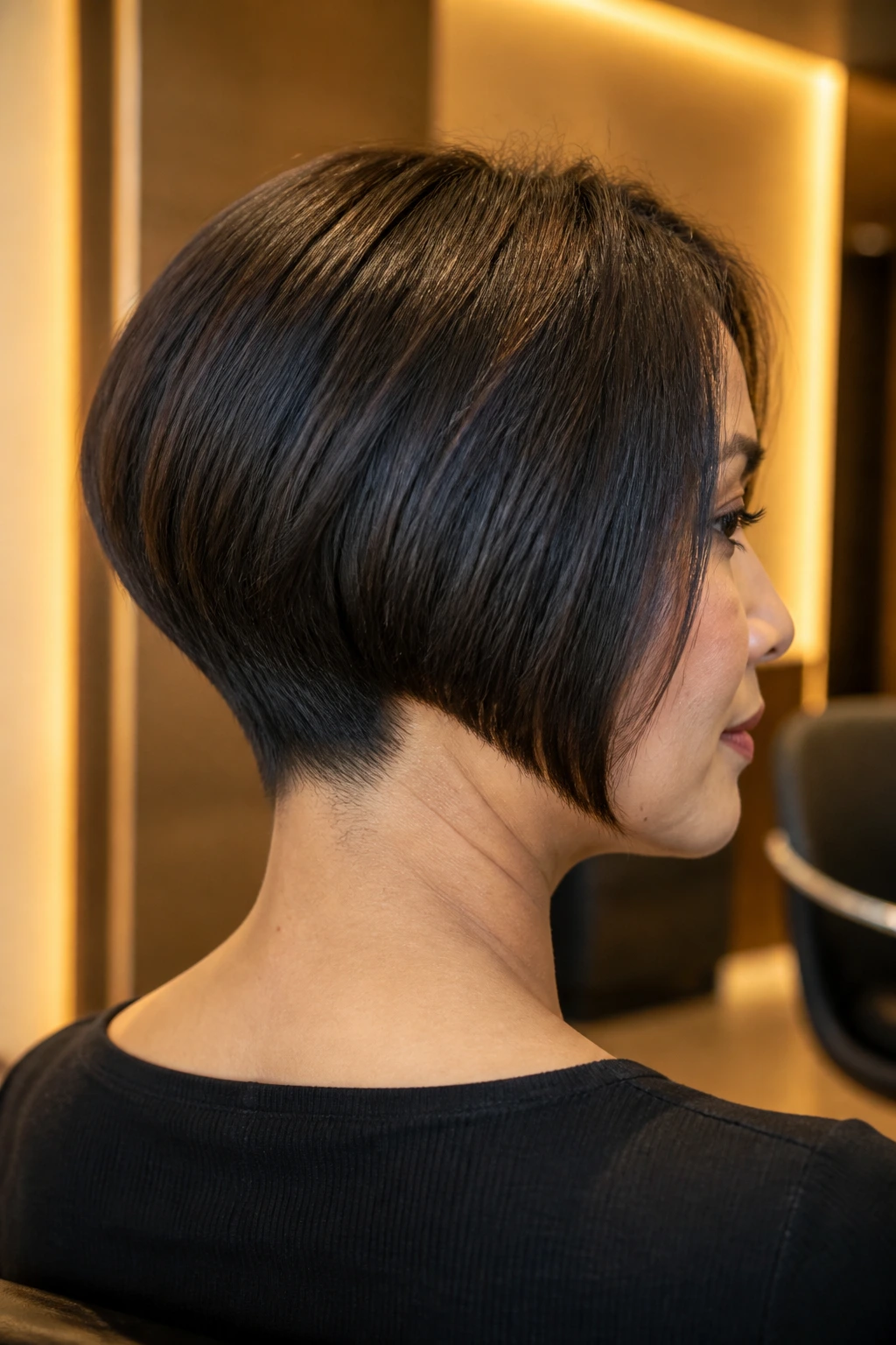 Three-quarter portrait of real woman with wedge bob and tapered back showing sharp lines