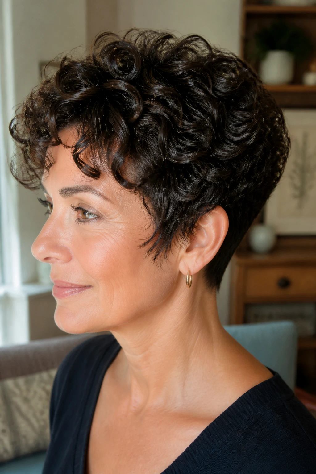 Close-up of a woman with wedge curl crop and narrow nape in warm living room light