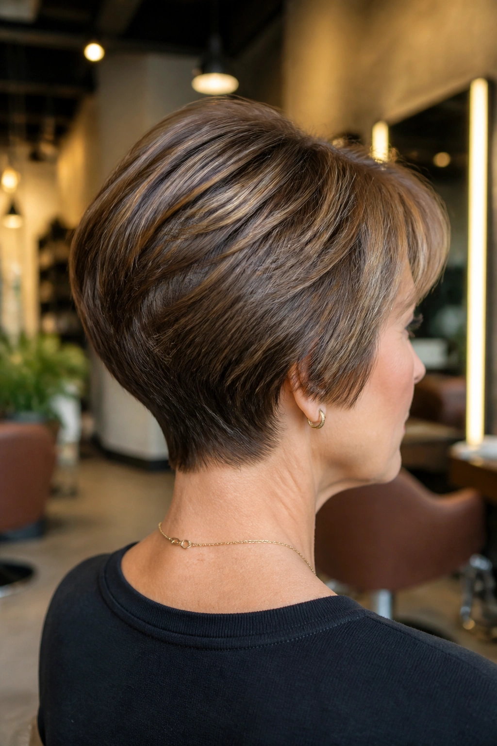 Back-of-head portrait of a real woman with wedge cut and full back