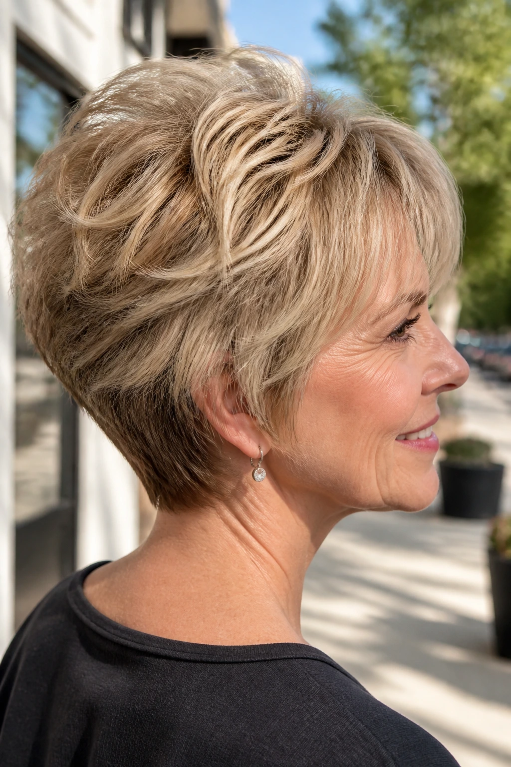 Portrait of a real person with wedge cut and built-in lift.