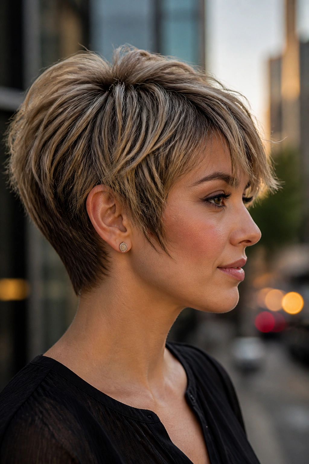 Close-up of a real person with wedge-inspired shaggy pixie