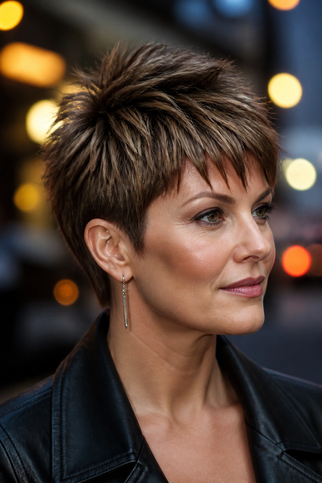 Close-up of a real person with wedge-inspired spiky crop.
