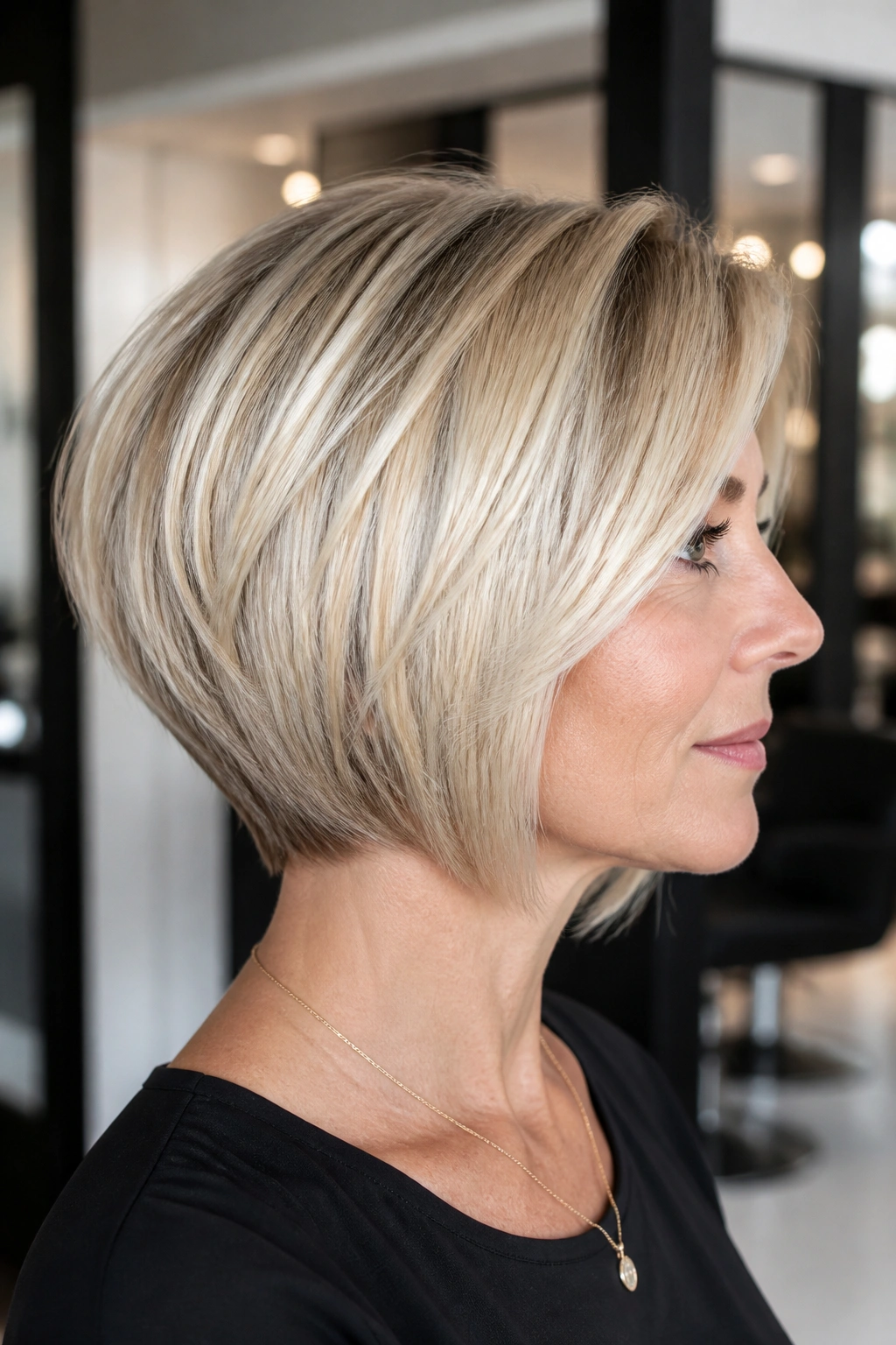 Close-up portrait of a real woman with wedge-inspired stacked bob and sharp silhouette