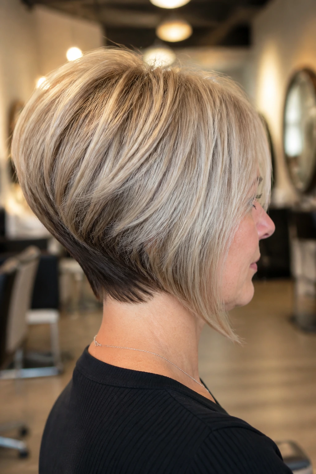 Portrait of a person with a wedge-inspired inverted cut showing crown lift.