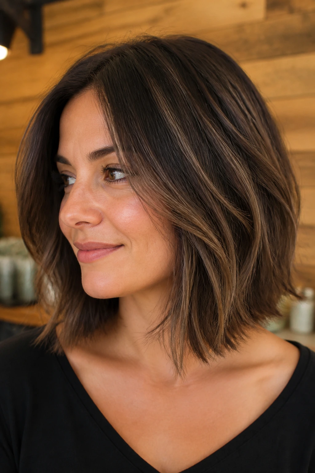 Portrait of a woman with weight-removed thick-hair bob showing interior debulking.