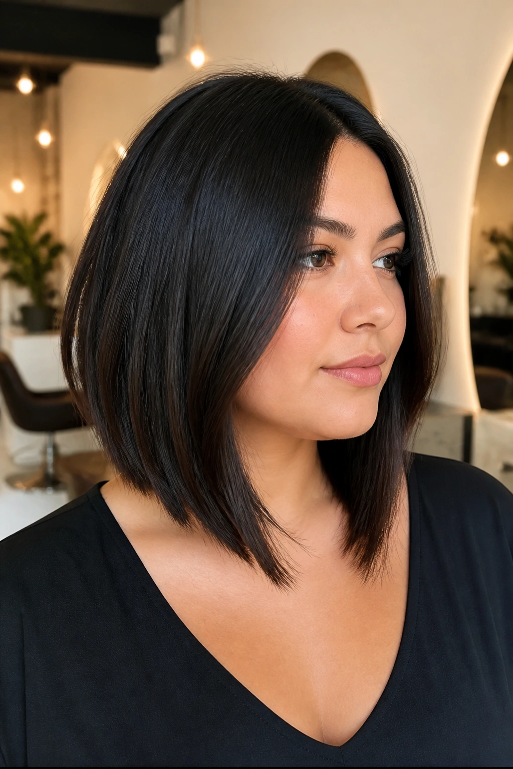 Medium close-up of a real woman showing a weight-removed lob for thick hair in a salon setting