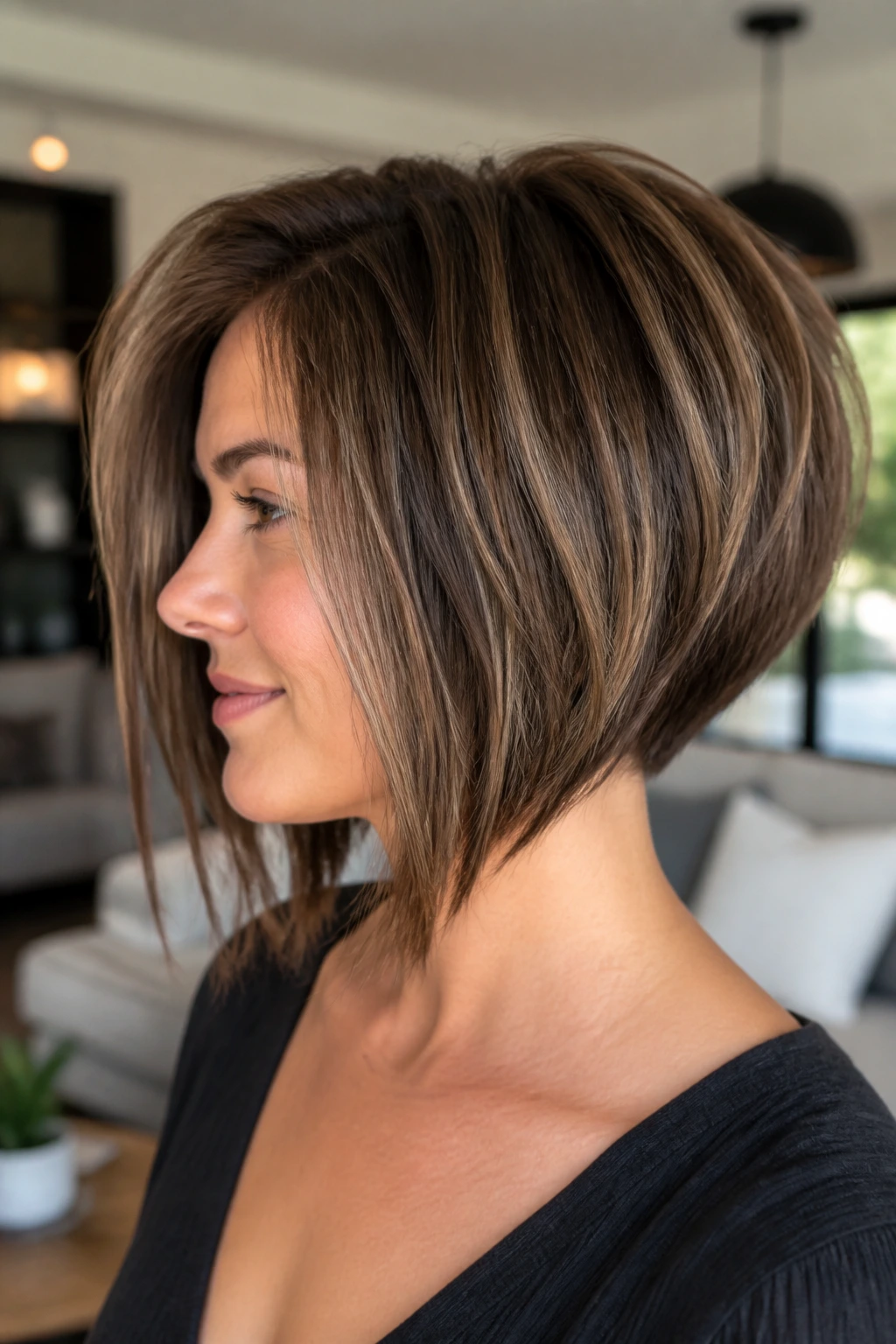 Close-up of a real person with a weightless graduated bob on thick hair