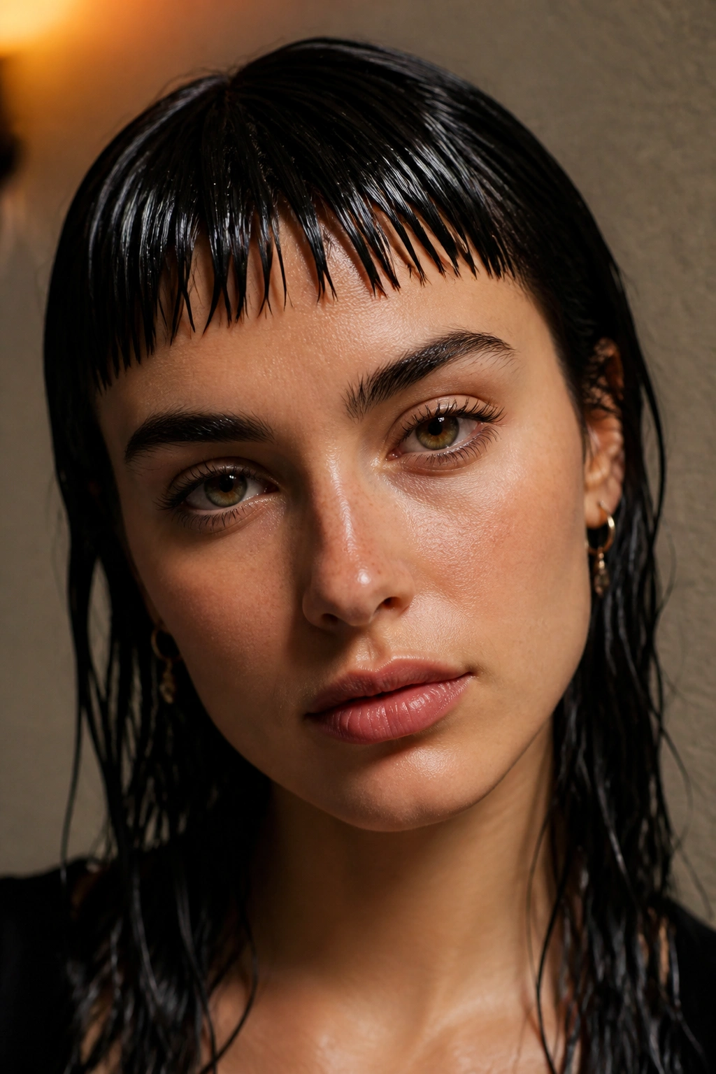 Close-up portrait of a real person with glossy wet-look micro bangs