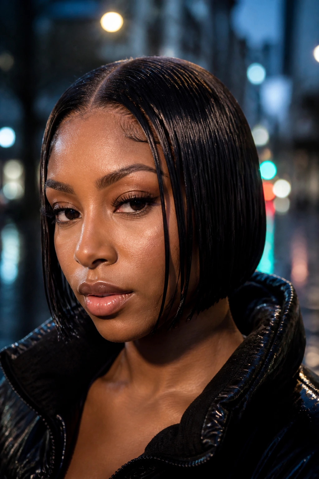 Close-up of a real woman with a wet-look sleek bob, hair glossy and smooth.