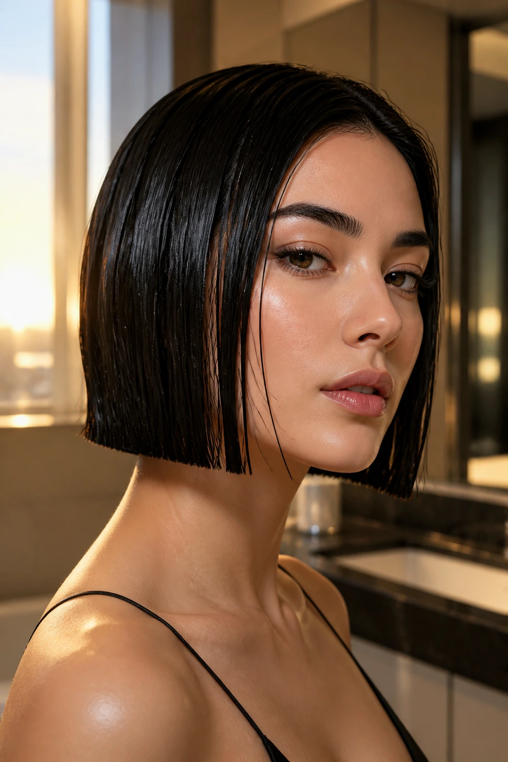 Close-up of a real woman with a glossy wet-look bob and sharp jaw-edge in warm bathroom light