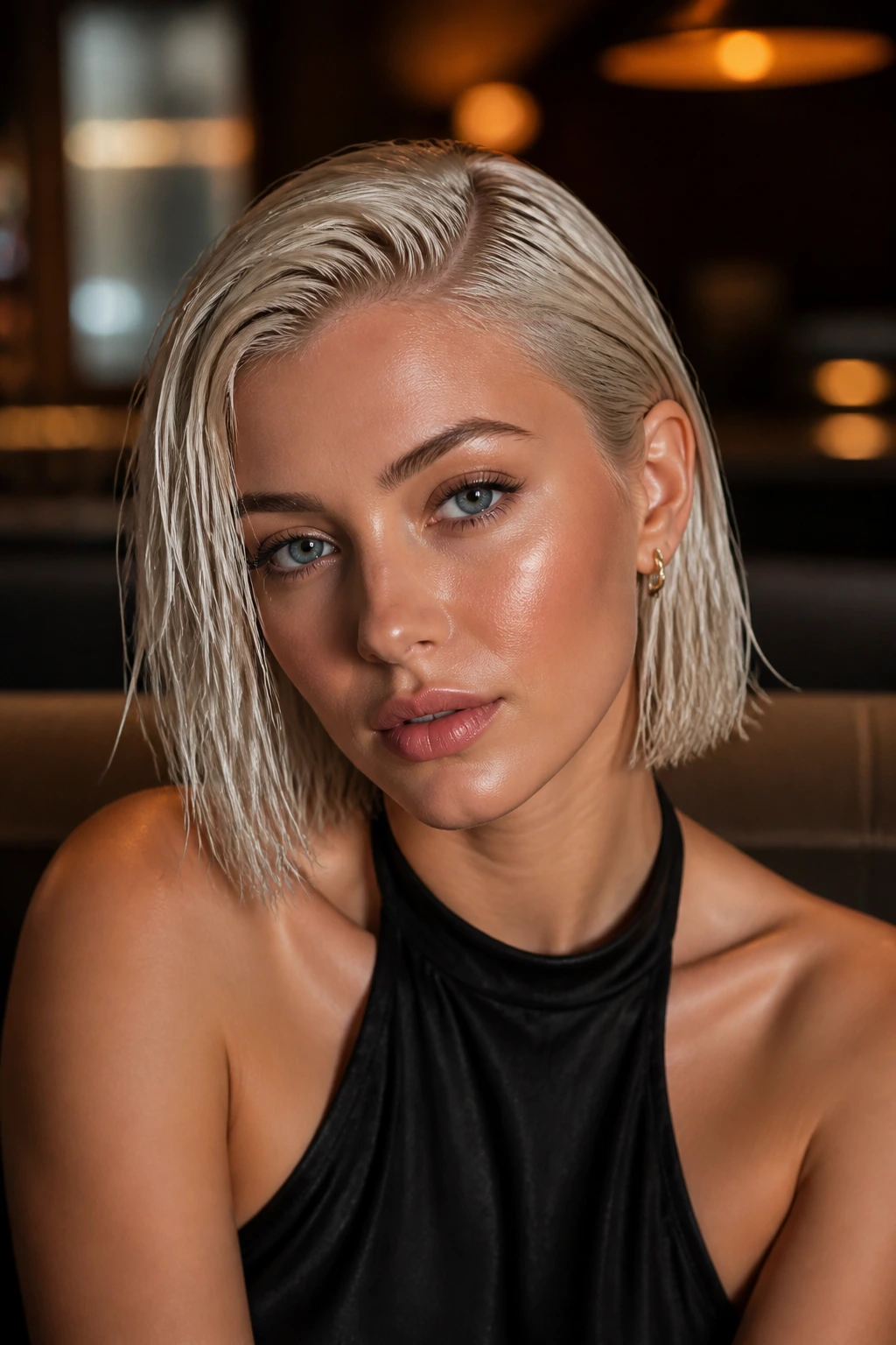 Close-up portrait of a real woman with a platinum wet-look bob