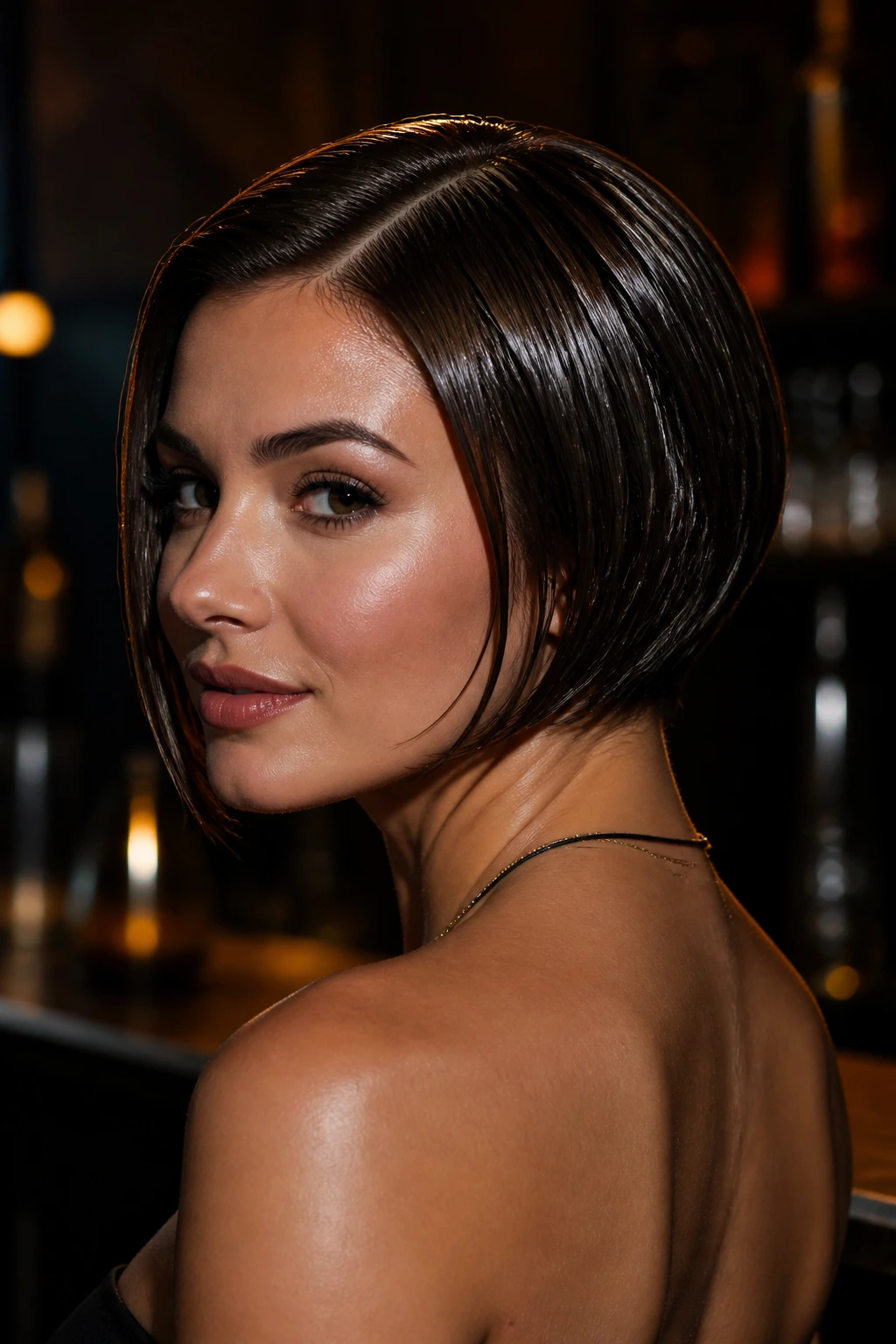 Close-up of a real woman with a polished wet-look stacked bob under warm bar lighting