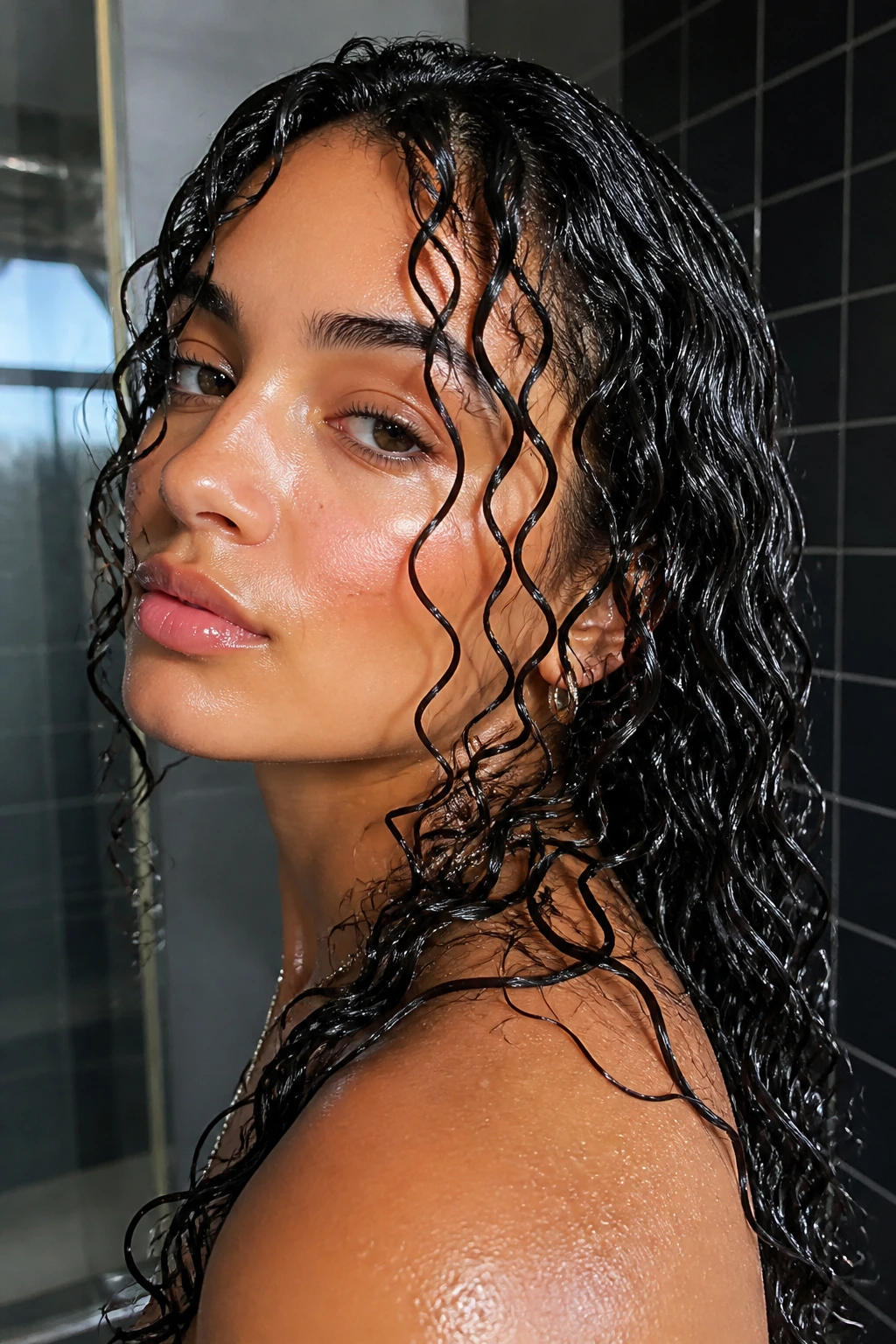Close-up of a real person with a glossy wet-look curl cast.