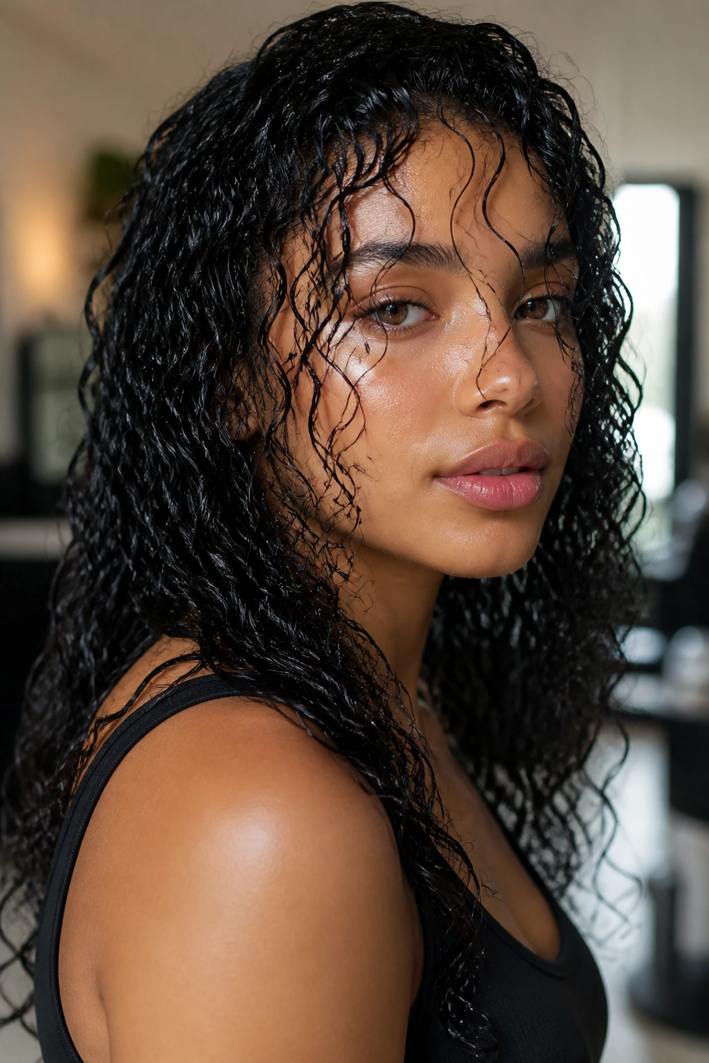 Close-up of a real person with soaking-wet glossy curls